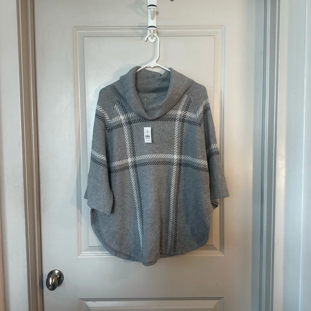 NEW Loft Grey Cotton Blend Plaid 3/4 Sleeve Cape Poncho Cowl Neck Sweater, XS/S